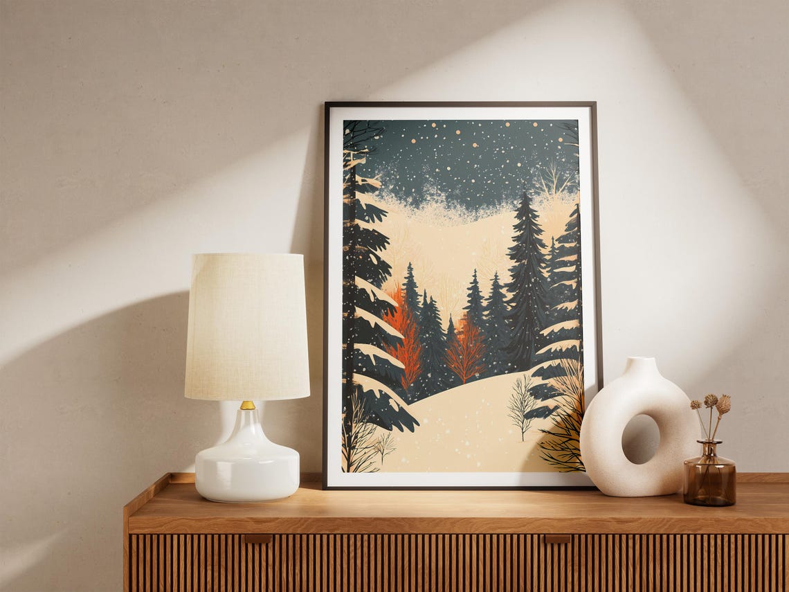 Snowy Pine Forest Under Starry Night Sky Winter Wonderland Poster - Image 4