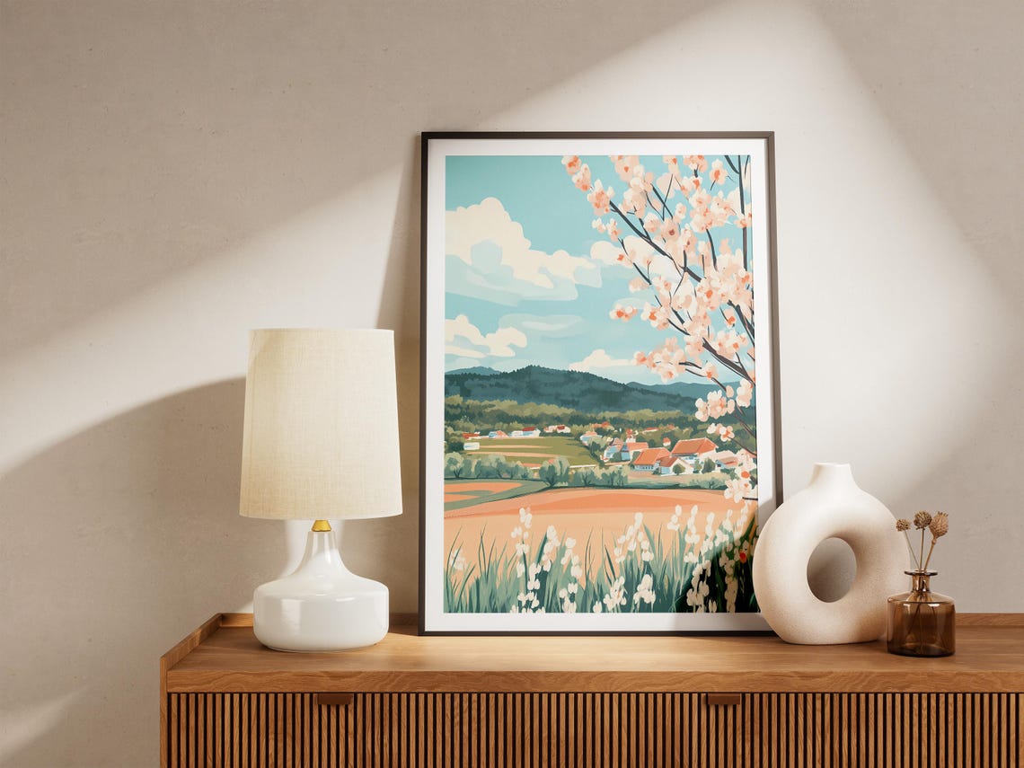 Spring Blossom Tree Over a Village and Fields Landscape Poster - Image 5