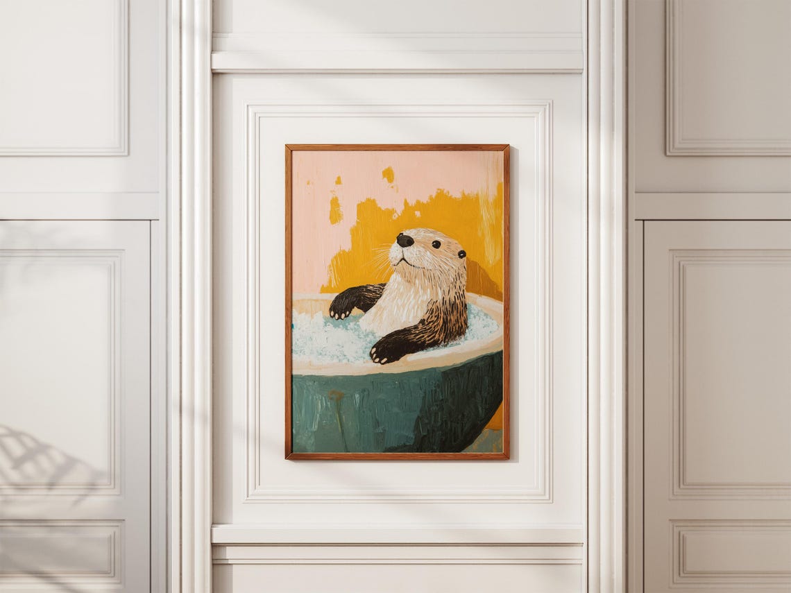 Sea Otter Relaxing in Bubble Bath Mustard Yellow Bathroom Poster - Image 2