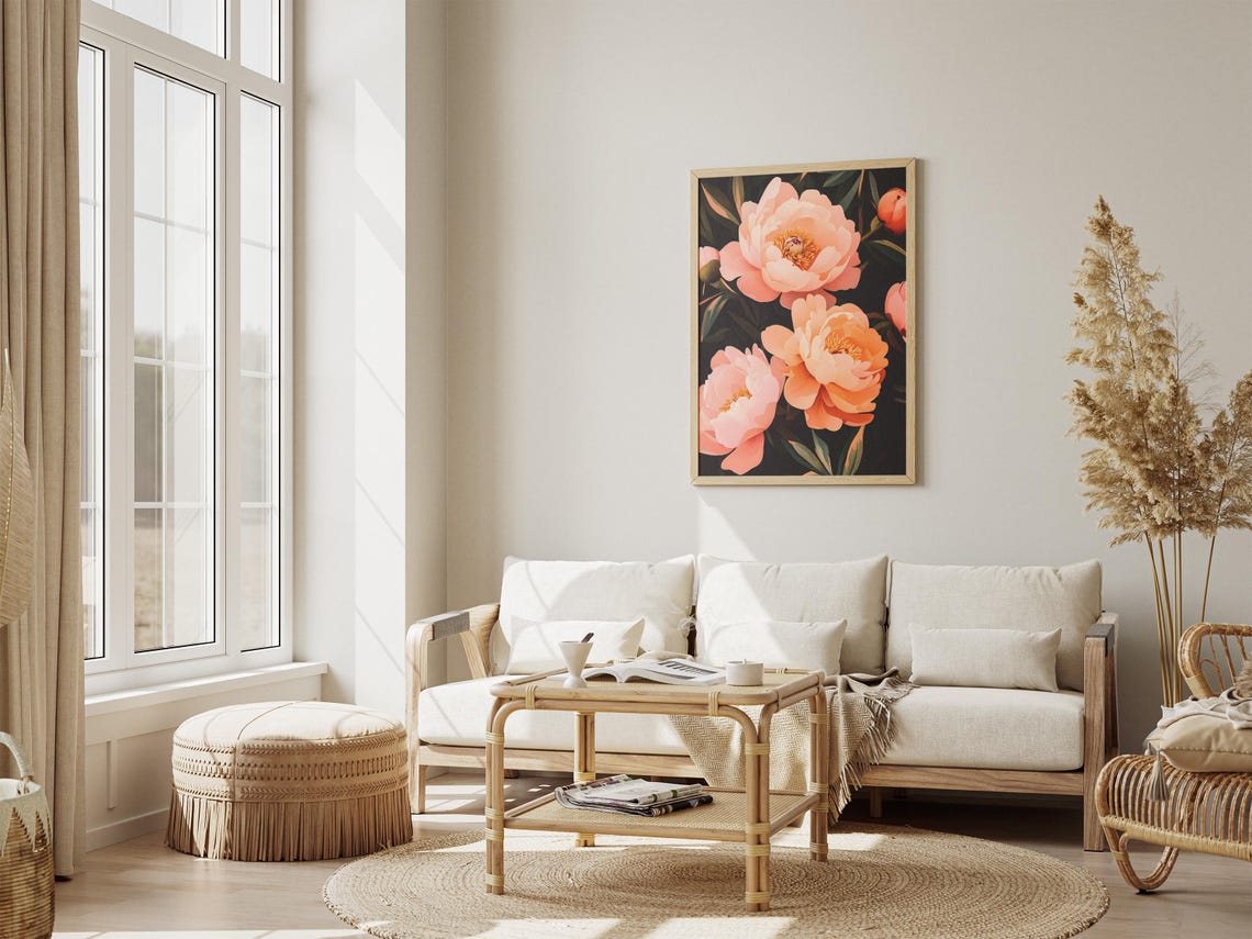 Peach Peony Blooms On Dark Background Bold Floral Art Poster - Image 4