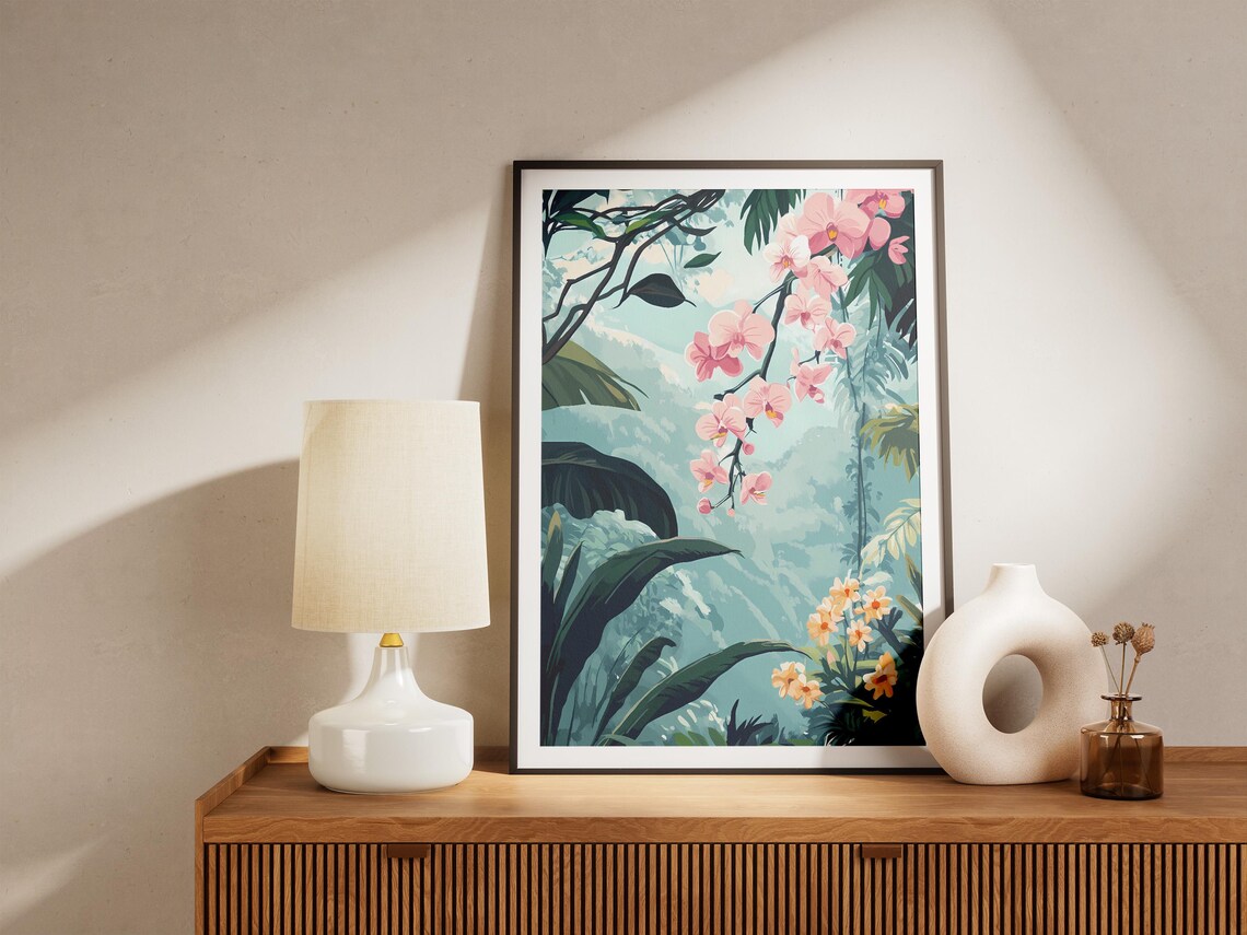 Pink Orchid Rainforest Jungle Tropical Floral Mist Illustration Poster - Image 5