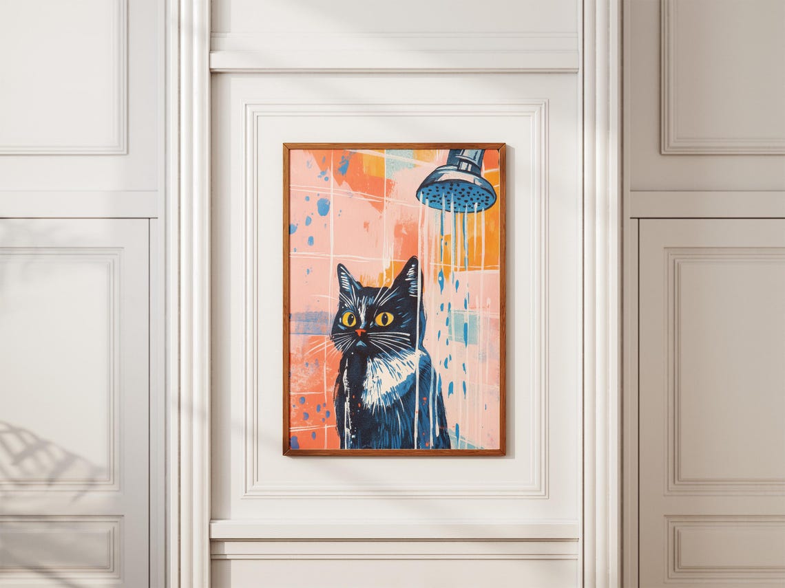Black Cat in Shower Pop Art Orange Blue Bathroom Funny Poster - Image 2