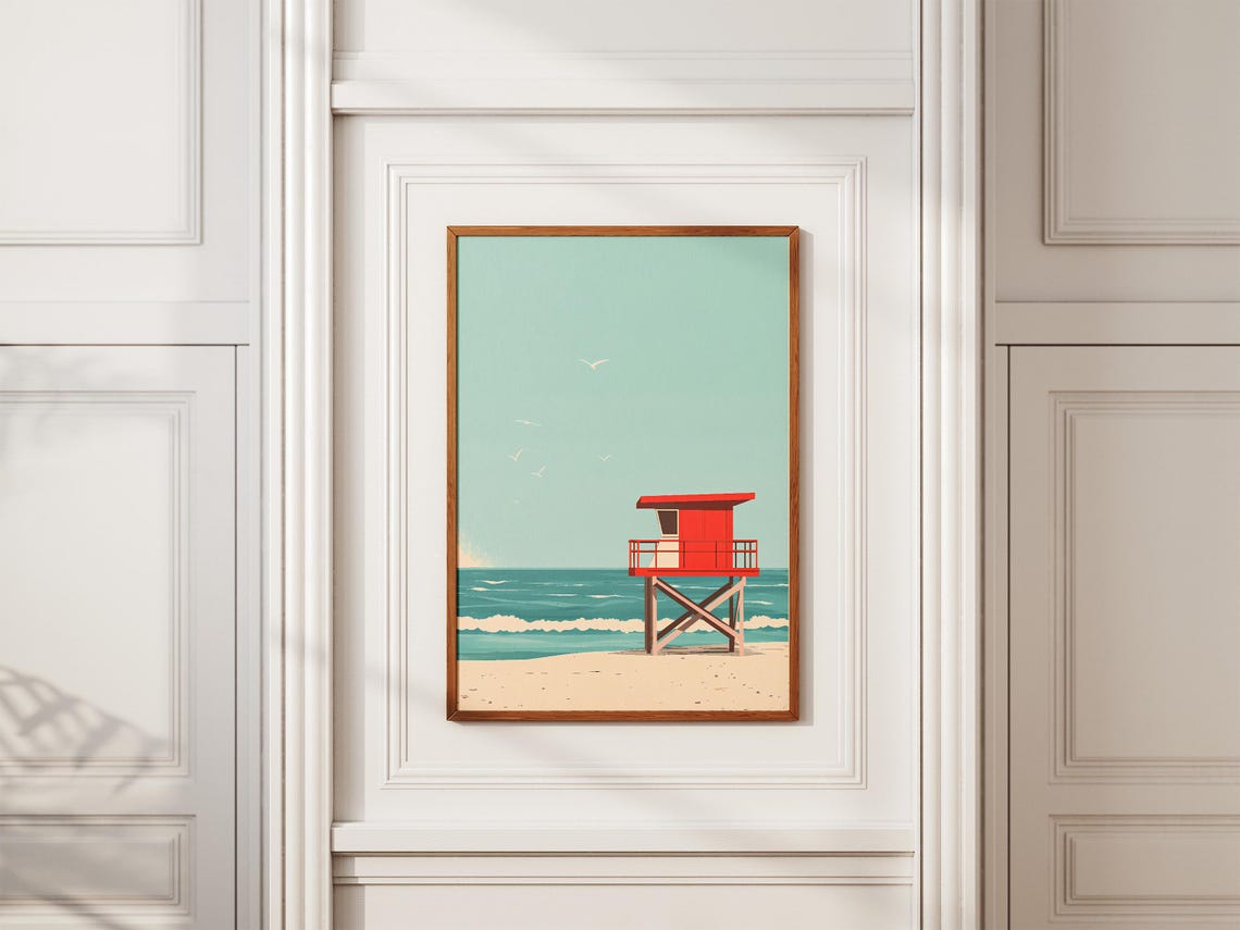 Red Lifeguard Tower Retro Beach Summer Coast Seagulls Art Wall Poster - Image 2