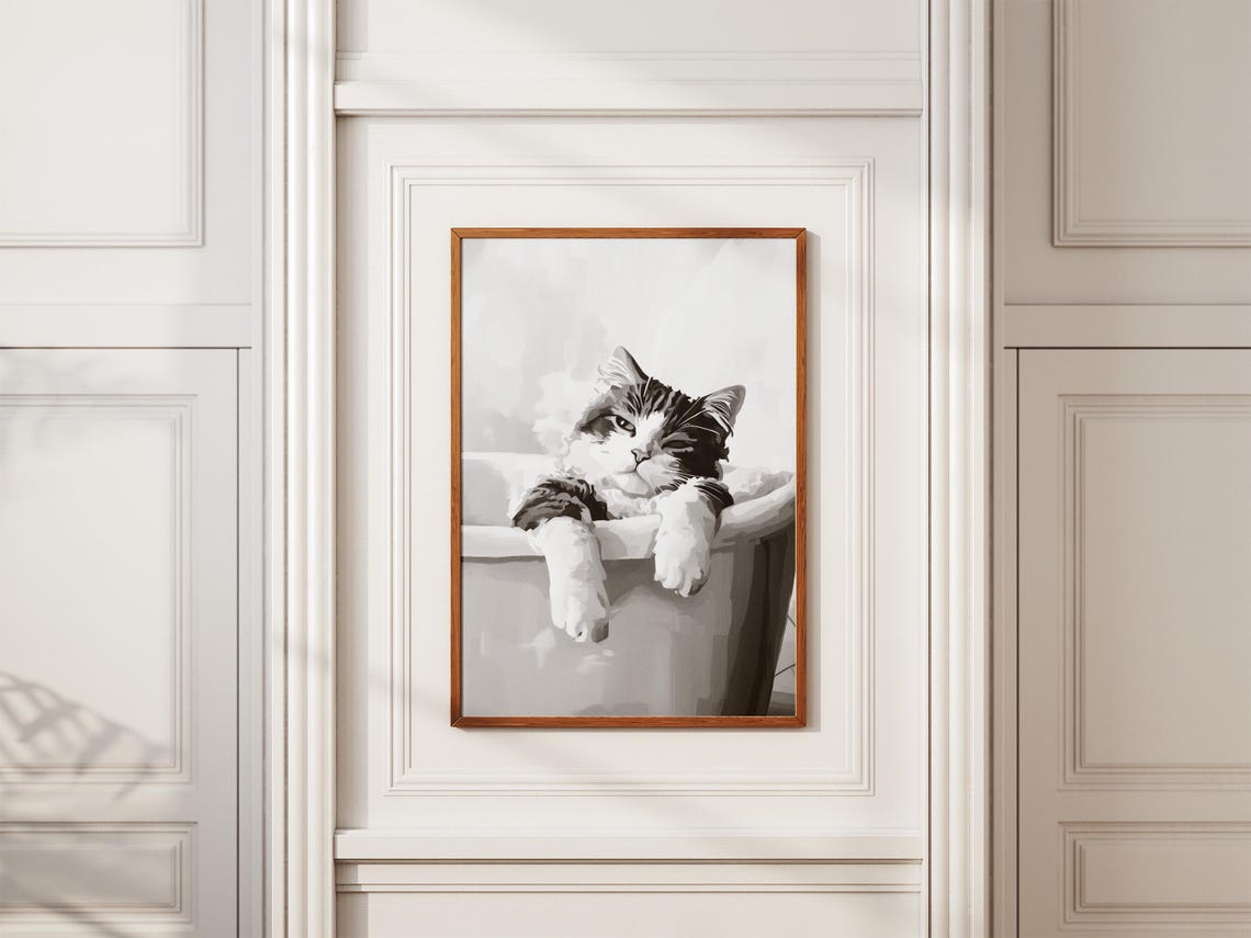 Turkish Van Cat Bathtub Bubble Bath Poster Black And White Pet Portrait Print Funny Art Modern Home Decor Bathroom Wall - Image 2