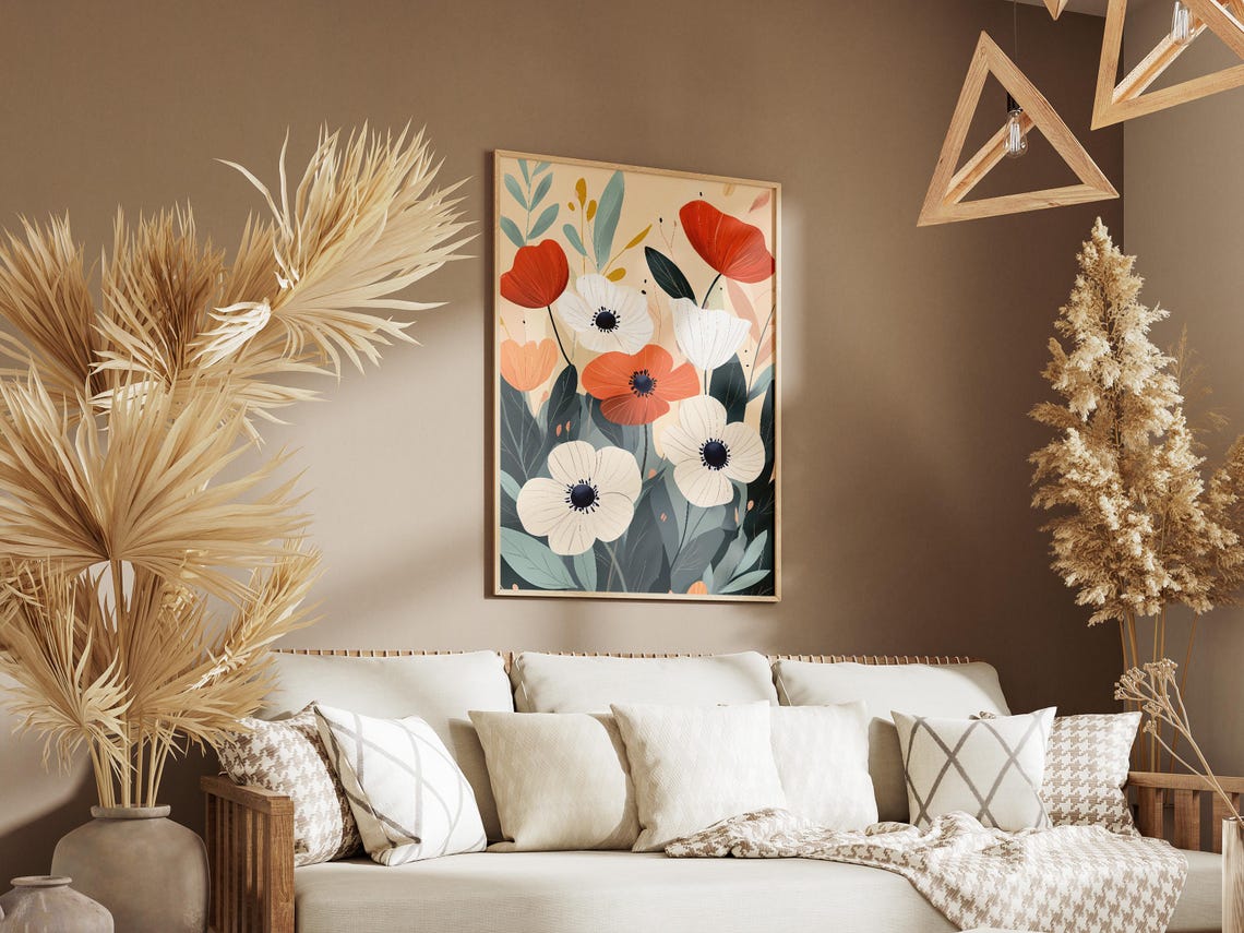Red And White Anemone Blooms Modern Bohemian Botanical Poster - Image 3