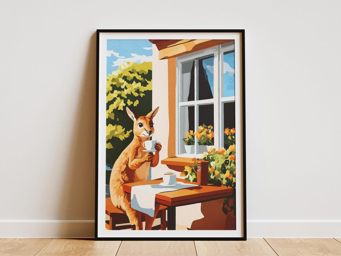 Wallaby Cafe Coffee Cup Window Cute Australian Animal Art Poster