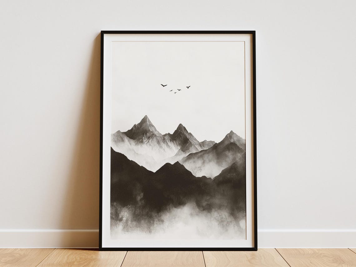 Black Ink Mountain Peaks Flying Birds Minimalist Zen Art Poster