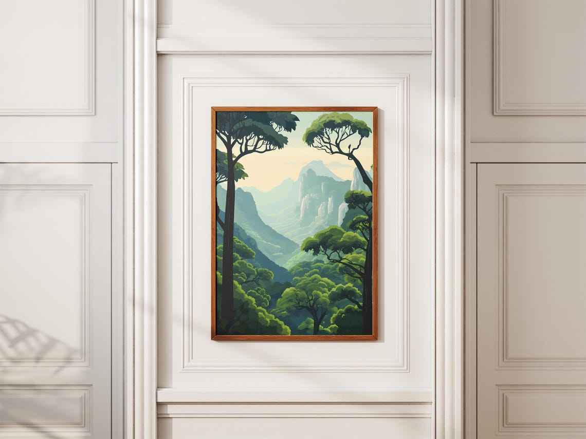 Misty Green Forest Mountains With Tall Trees Minimalist Poster - Image 2