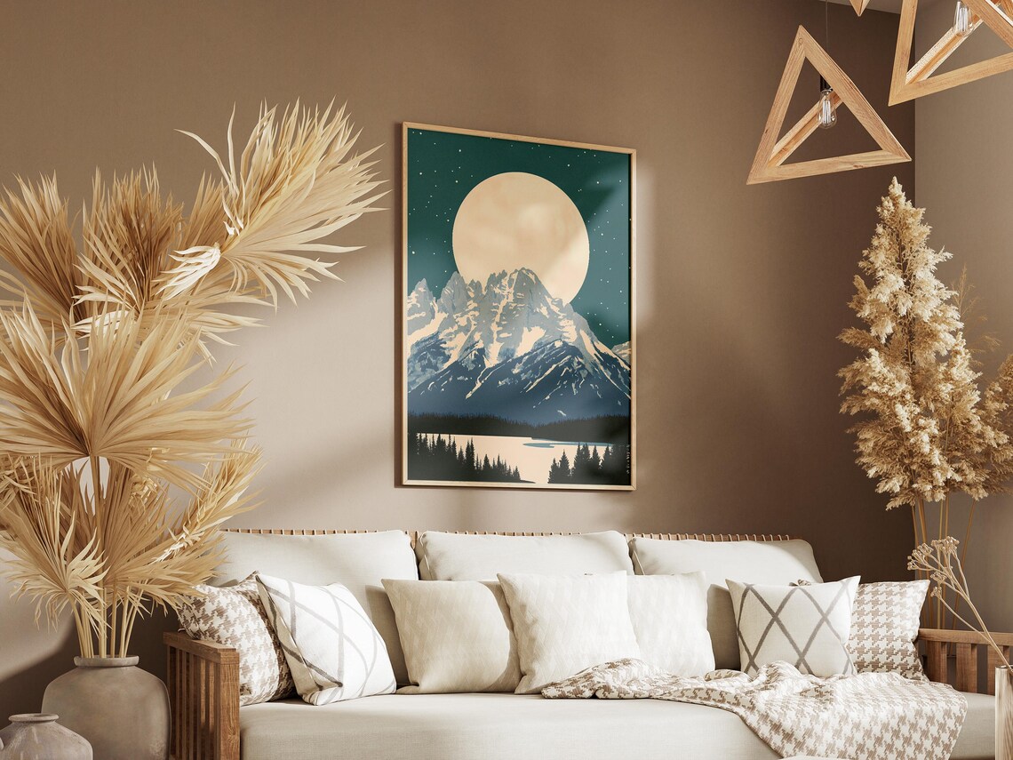 Grand Teton Wyoming Snowy Mountain Peak Full Moon Rising Travel Art Poster - Image 3