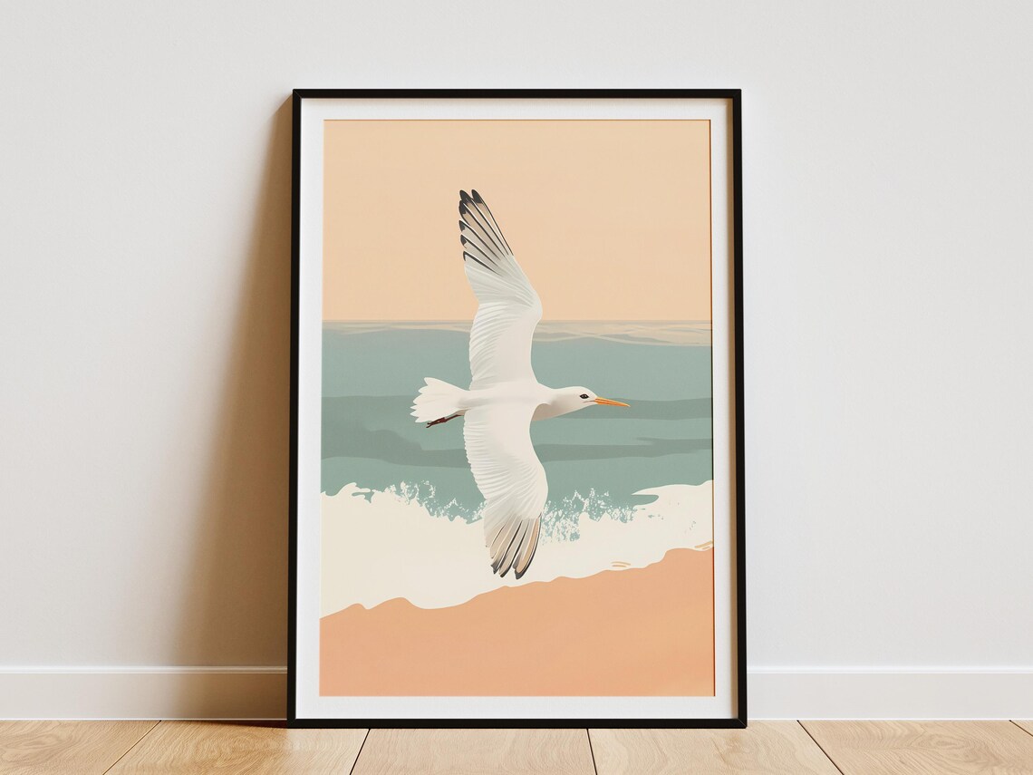 Seagull Gliding Over Calm Ocean Waves Minimalist Beach Art Poster