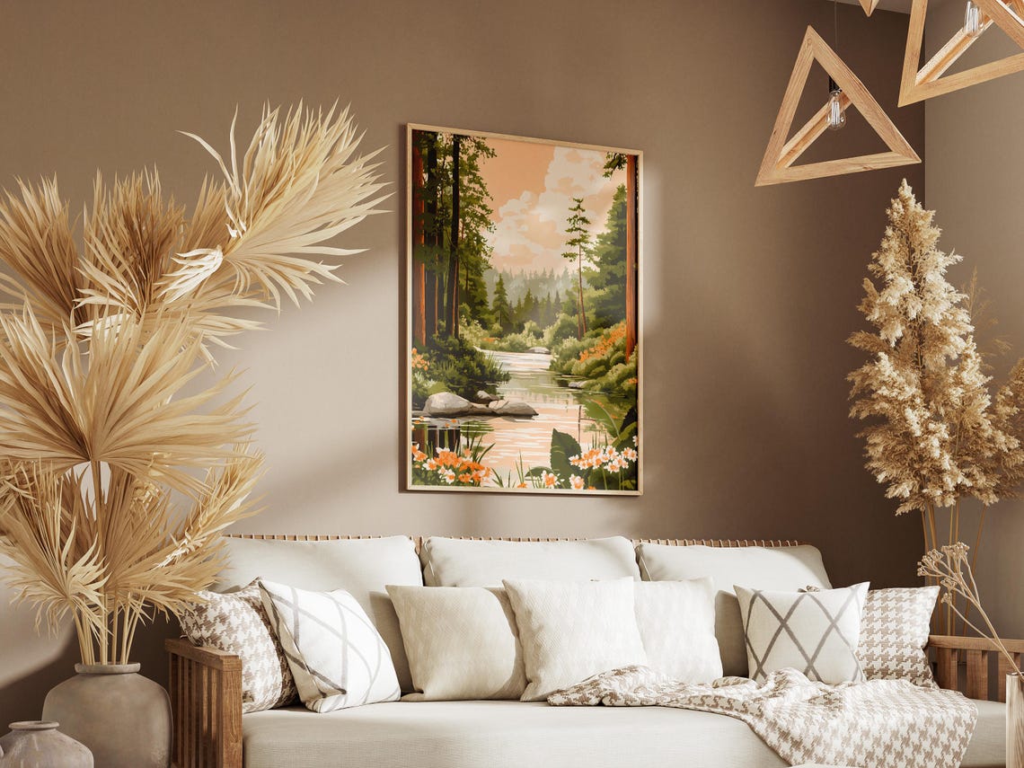 Spring Forest River With Orange Daisies Beneath Tall Trees Poster - Image 3