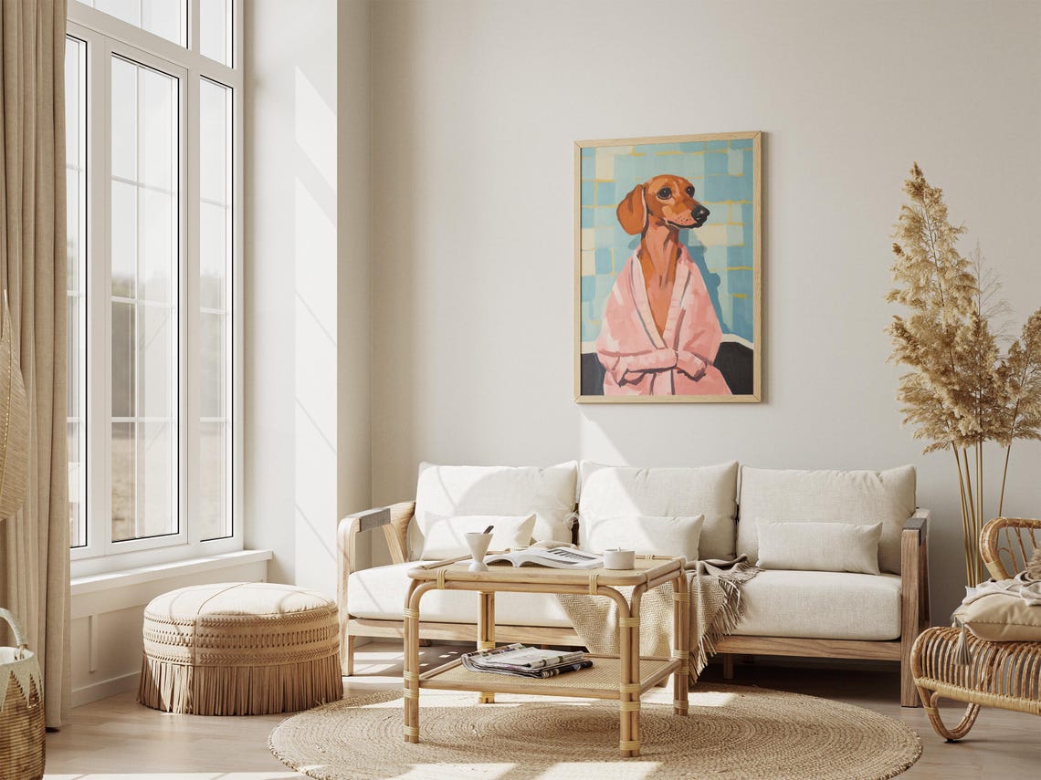 Red Dachshund in Pink Bathrobe Blue Bathroom Funny Dog Poster - Image 4