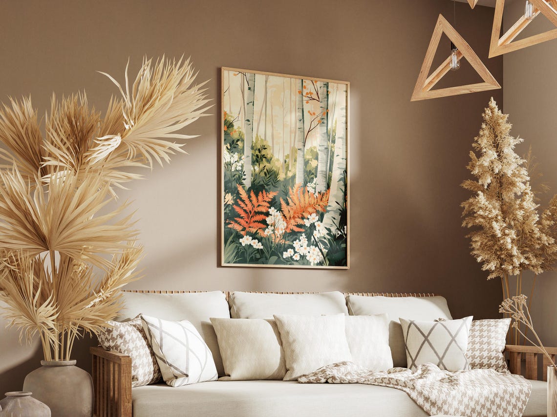 Birch Forest Glade With Orange Ferns And White Flowers Poster - Image 3