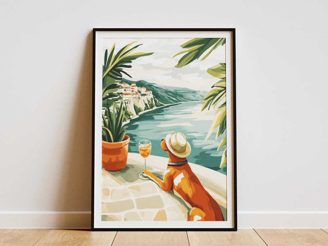 Dog Straw Hat Mediterranean Coast Wine Glass Viewpoint Poster