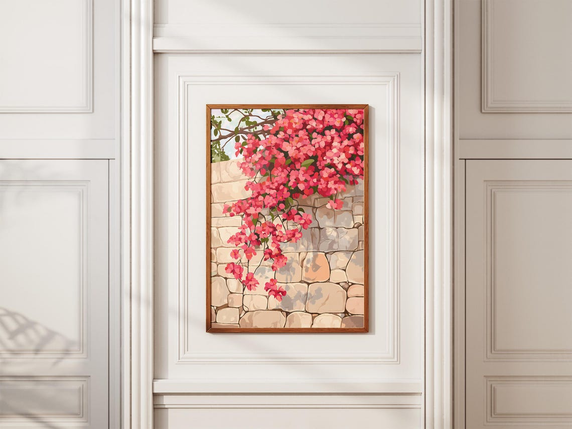 Pink Bougainvillea Spilling Over a Mediterranean Stone Wall Poster - Image 2
