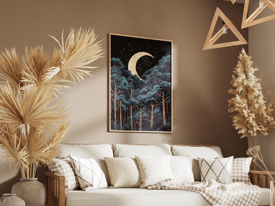 Crescent Moon Rising Over Starry Pine Forest Night Sky Poster - Image 3