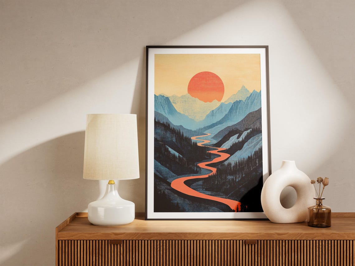 Winding Red River Through Blue Mountains at Sunset Modern Art Poster - Image 5