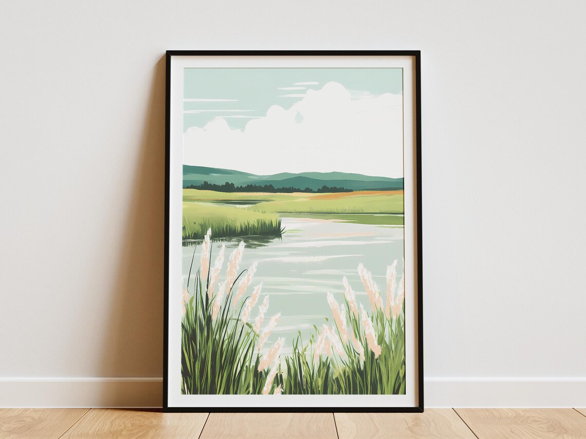 Peaceful River Marsh With Tall Grasses And Hills Landscape Art Poster
