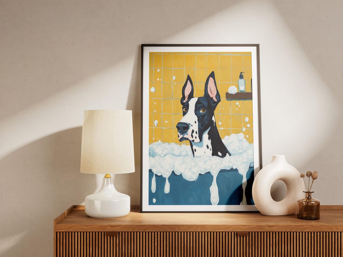 Fun Big Great Dane Bubble Bath Yellow Tile Pop Art Dog Poster - Image 4