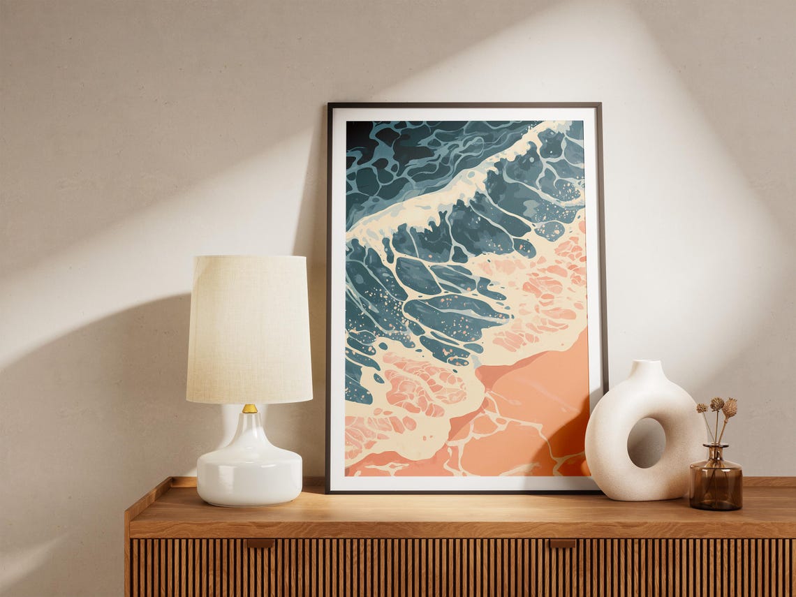 Aerial Ocean Foam Swirls in Teal and Peach on a Sandy Shore Poster - Image 5