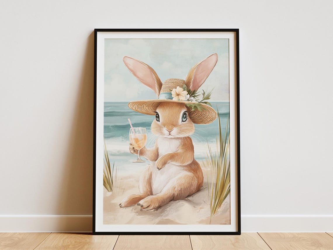 Cute Bunny in Straw Hat with Cocktail Beach Illustration Poster
