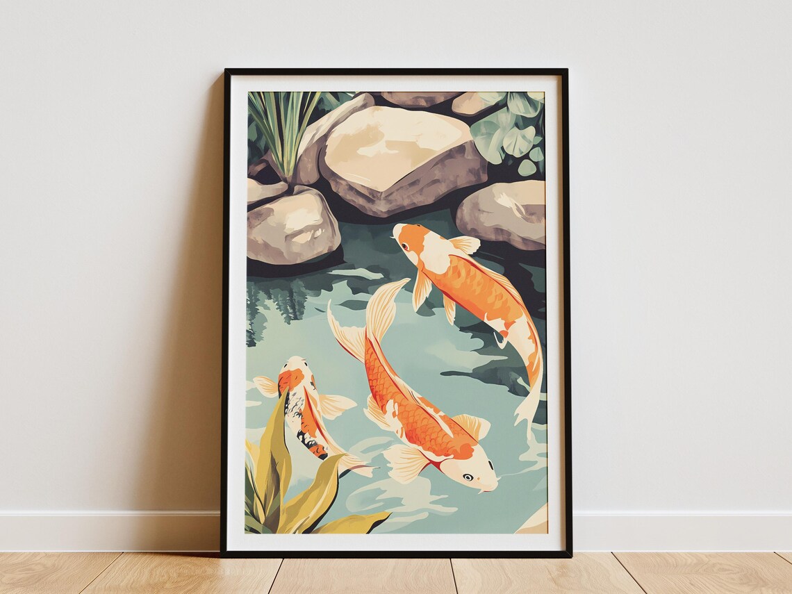Three Orange Koi Fish Swimming in a Garden Pond Japanese Art Poster