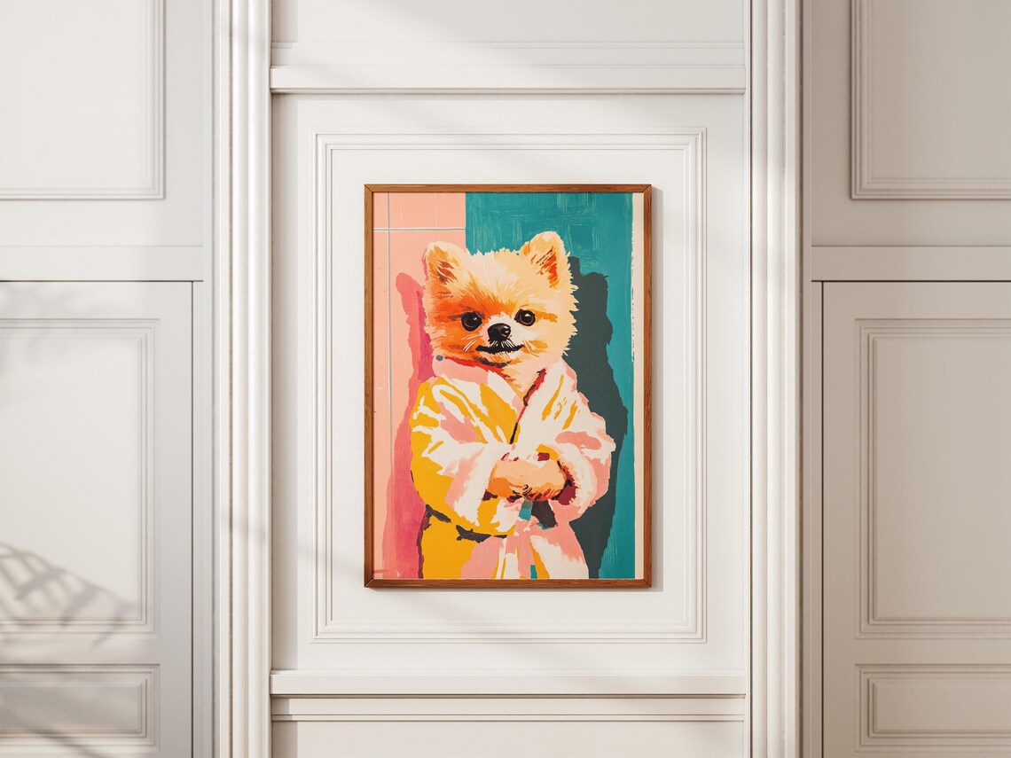 Cute Pomeranian Puppy in Pastel Bathrobe Playful Dog Art Poster - Image 2