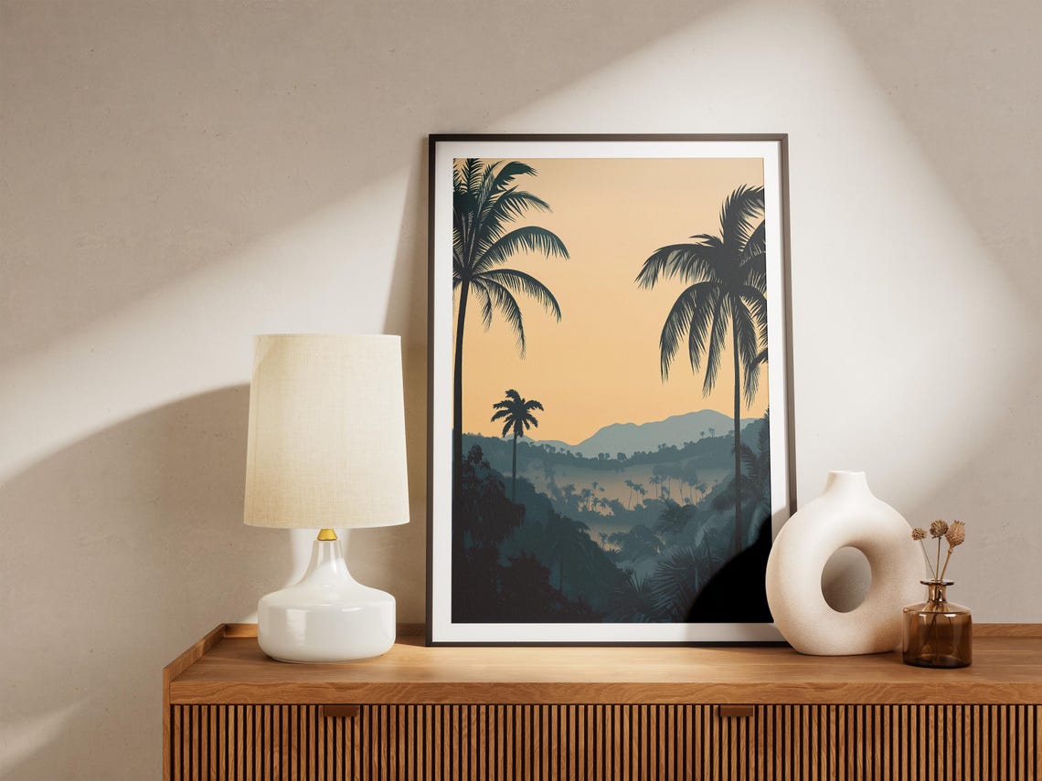Gabon National Park Palm Silhouettes Dusk Misty Valley Poster - Image 5