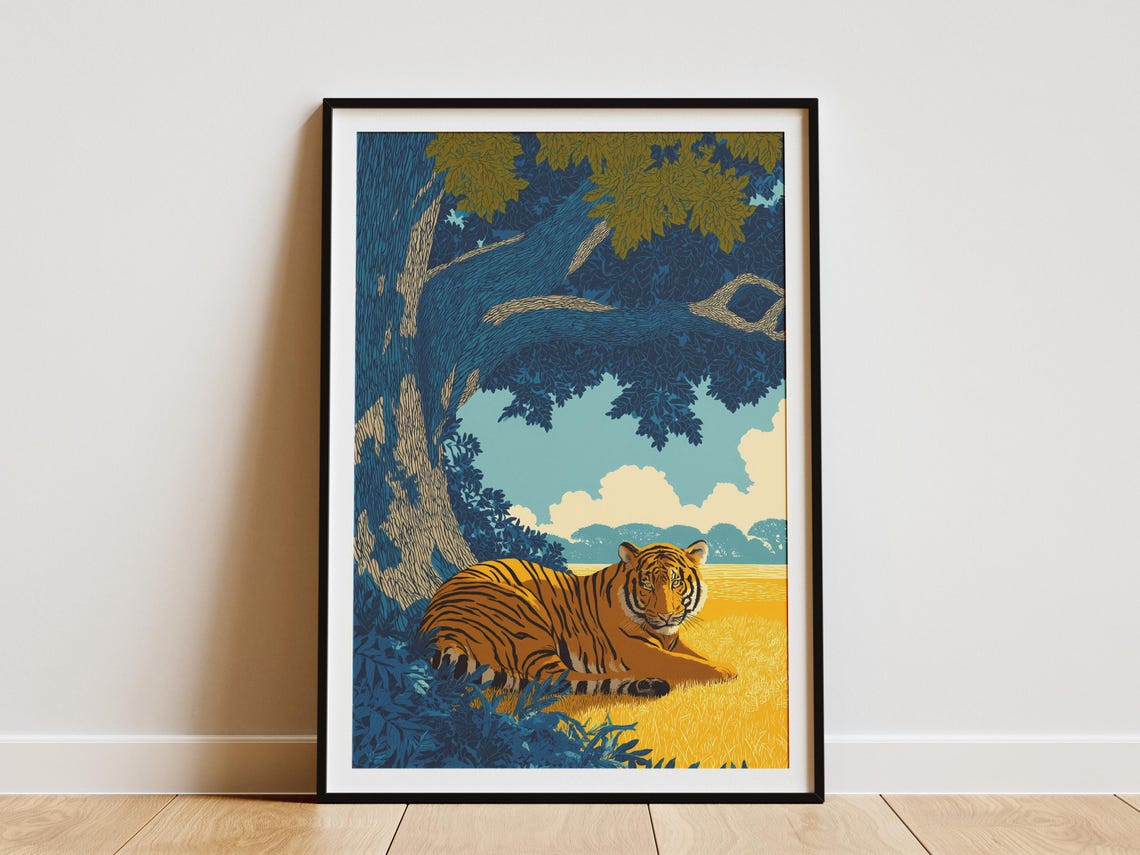Majestic Tiger Resting Under Banyan Tree Vintage Travel Art Poster