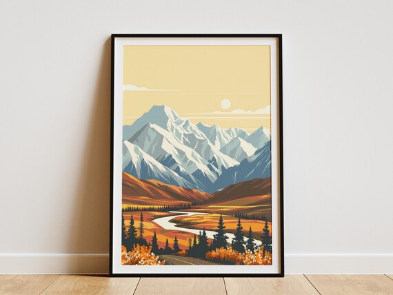 Alaska Denali Snow Peaks Autumn Wild Valley River Vintage Poster