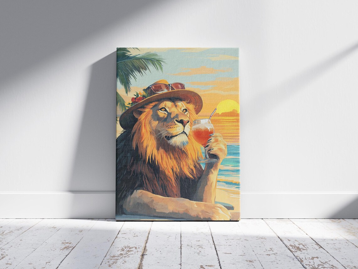 Lion at Tropical Sunset Beach with Cocktail Vacation Art Poster - Image 2