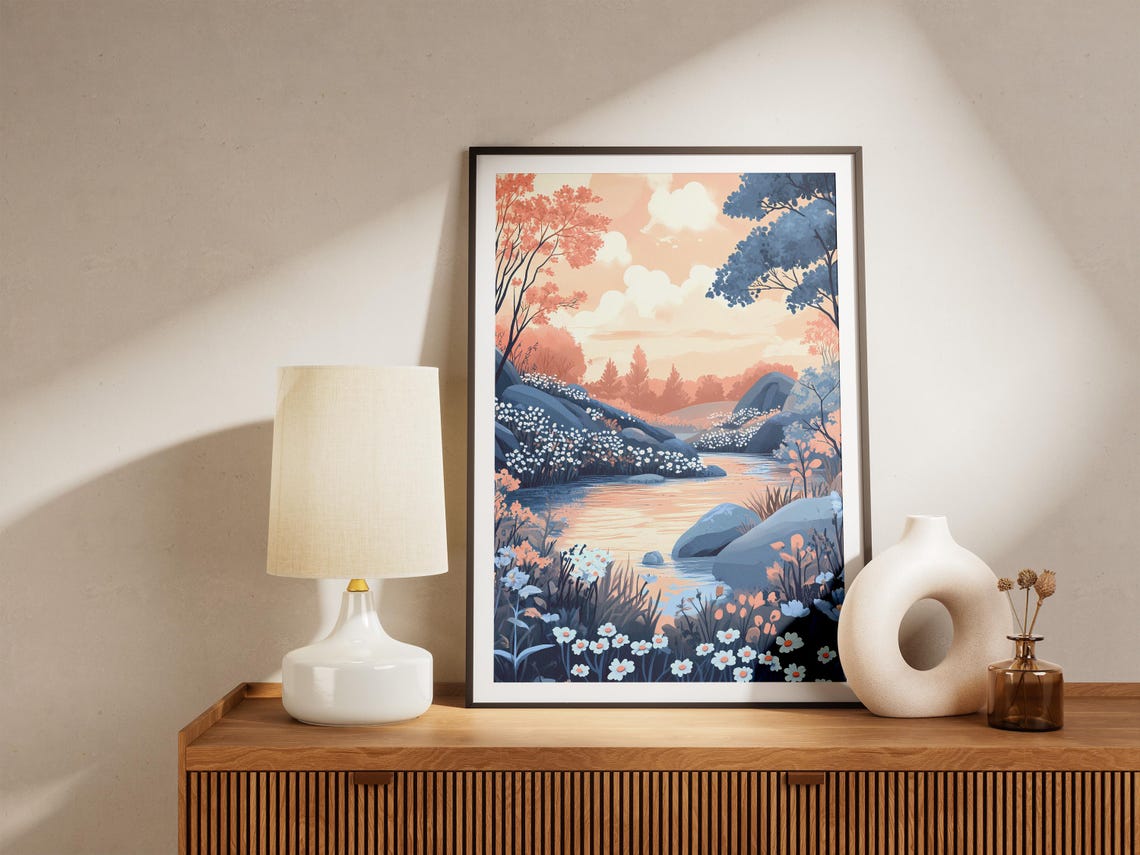Sunrise River Valley Blue Peach Blossoms Scenic Landscape Poster - Image 5