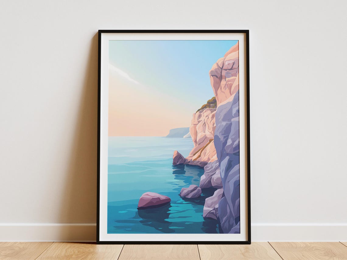 Sunlit Cliffside Turquoise Bay Minimalist Coastal Art Poster
