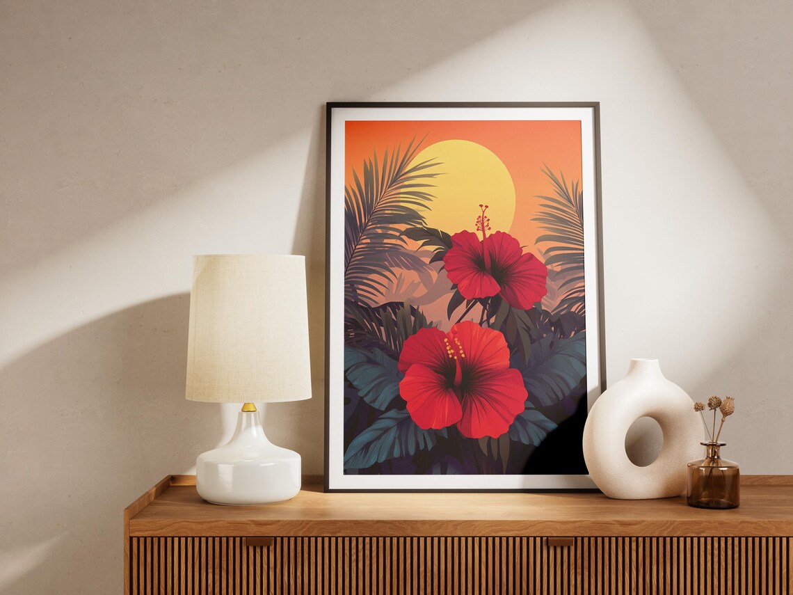 Red Hibiscus Flowers Against A Tropical Sunset Sun Art Poster - Image 4