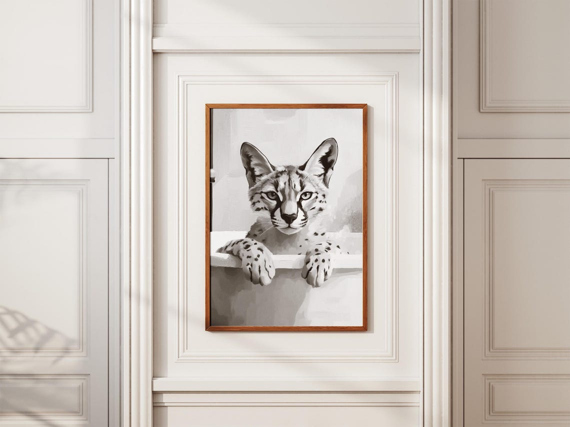 Serval Cat In Bathtub Poster Spotted Wild Cat Bathroom Wall Decor - Image 2