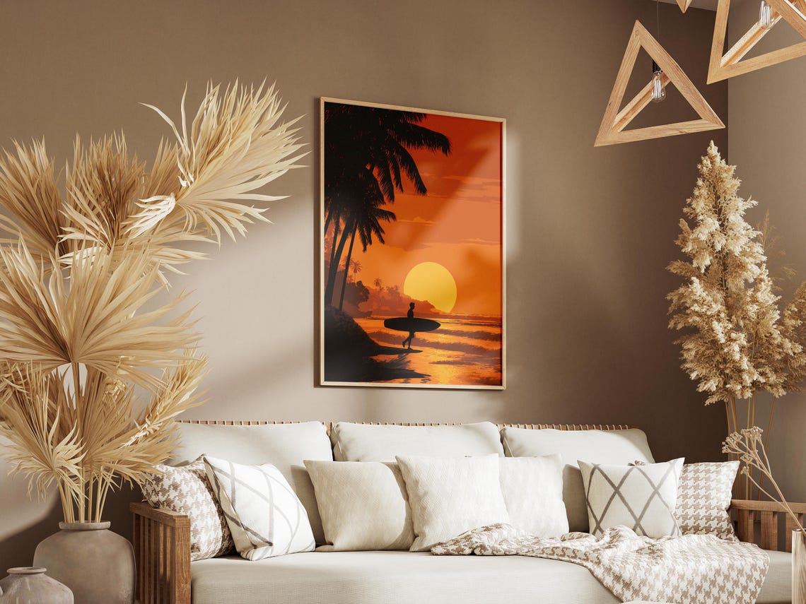 Golden Hour Surfer Sunset Palm Trees Silhouette Beach Art Poster - Image 3