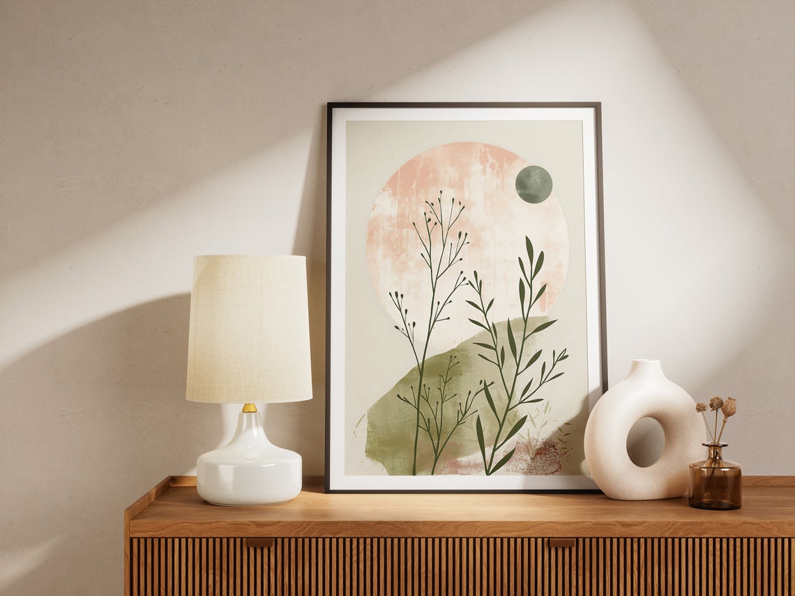 Blush Pink Sun and Sage Green Botanical Stems Abstract Poster - Image 2