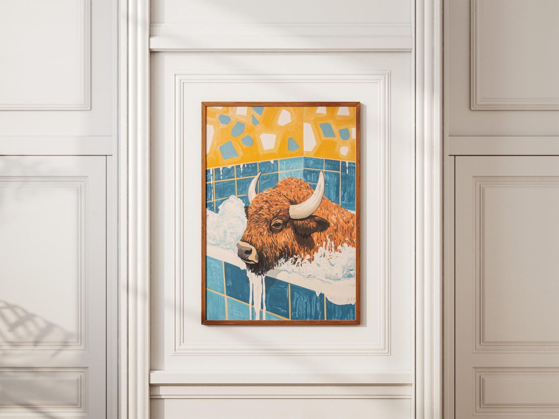 Shaggy Long-Horned Bison Soaking in a Retro Bubble Bath Poster - Image 3