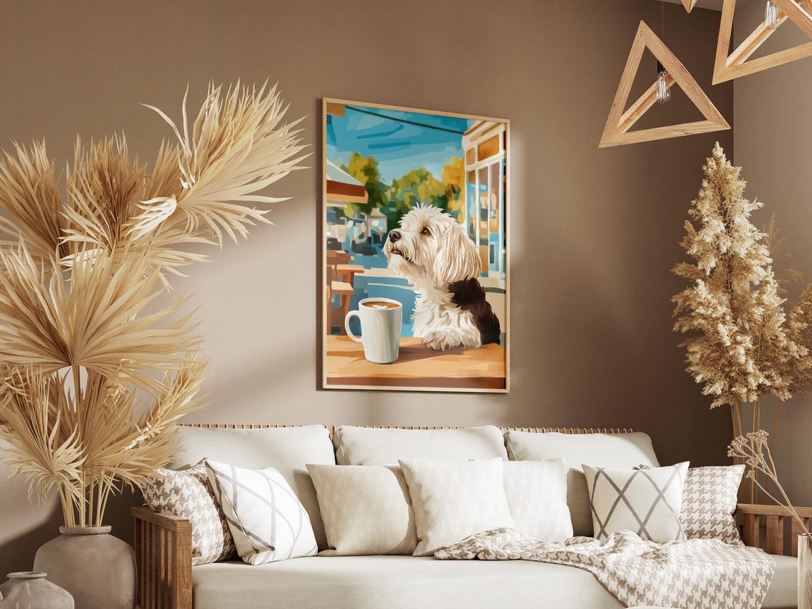 Fluffy White Maltese Dog with Latte at Sunny Sidewalk Cafe Poster - Image 3