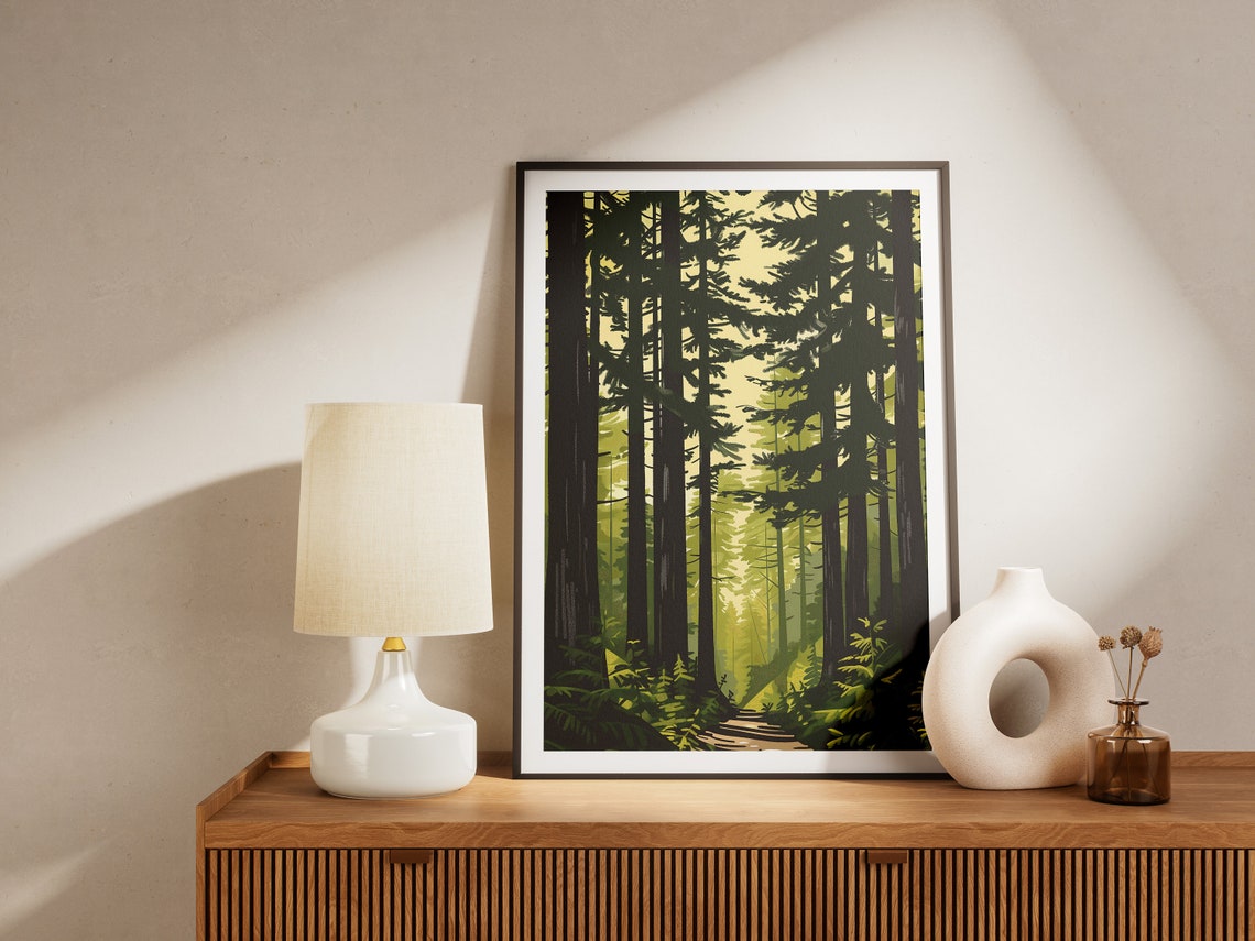 Oregon Forest Tall Pines Sunlight Trail Vintage Nature Poster - Image 2