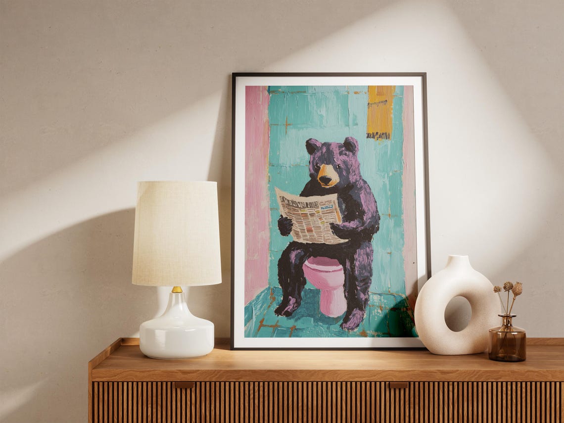 Funny Bear Reading Newspaper On A Pink Toilet Bathroom Poster - Image 5