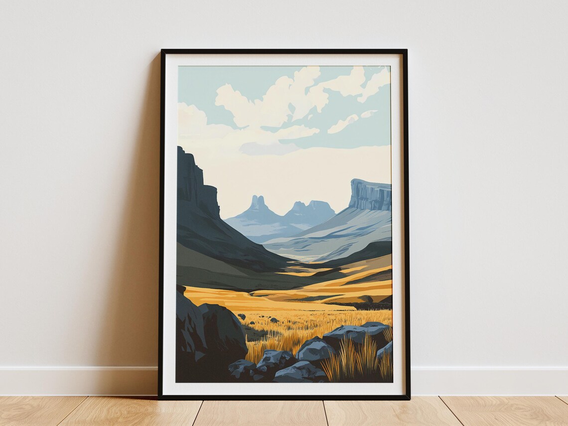 Drakensberg Mountains Golden Valley Flat Illustration Travel Poster