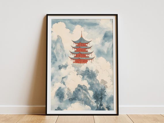 Pagoda Mountaintop Poster Asian Art Print Chinese Temple Japanese Landscape Vintage Travel Calm Zen Decor Wall Red