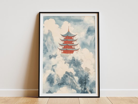 Red Pagoda On Misty Mountaintop Asian Watercolor Landscape Poster