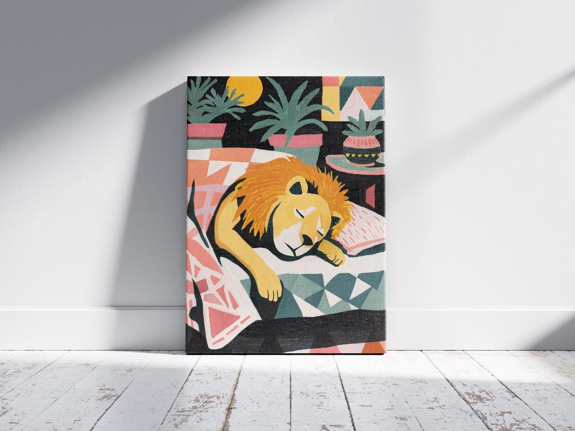 Sleeping Lion Matisse Style Gouache Cozy Patterned Couch Art Poster - Image 2