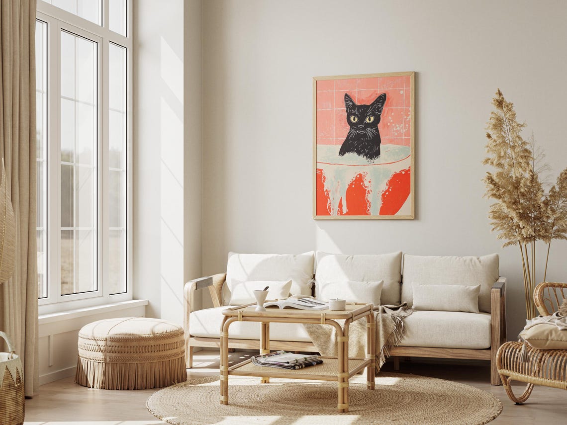 Black Cat Bubble Bath Bold Red Graphic Modern Bathroom Poster - Image 3