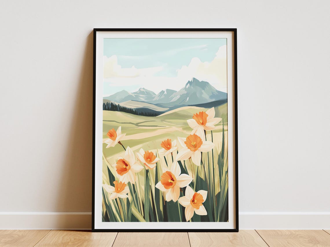 Daffodil Meadow In Green Valley Below Rocky Mountain Peaks Poster