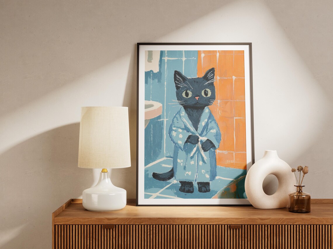 Russian Blue Kitten in Powder Blue Robe Sweet Cat Art Poster - Image 4