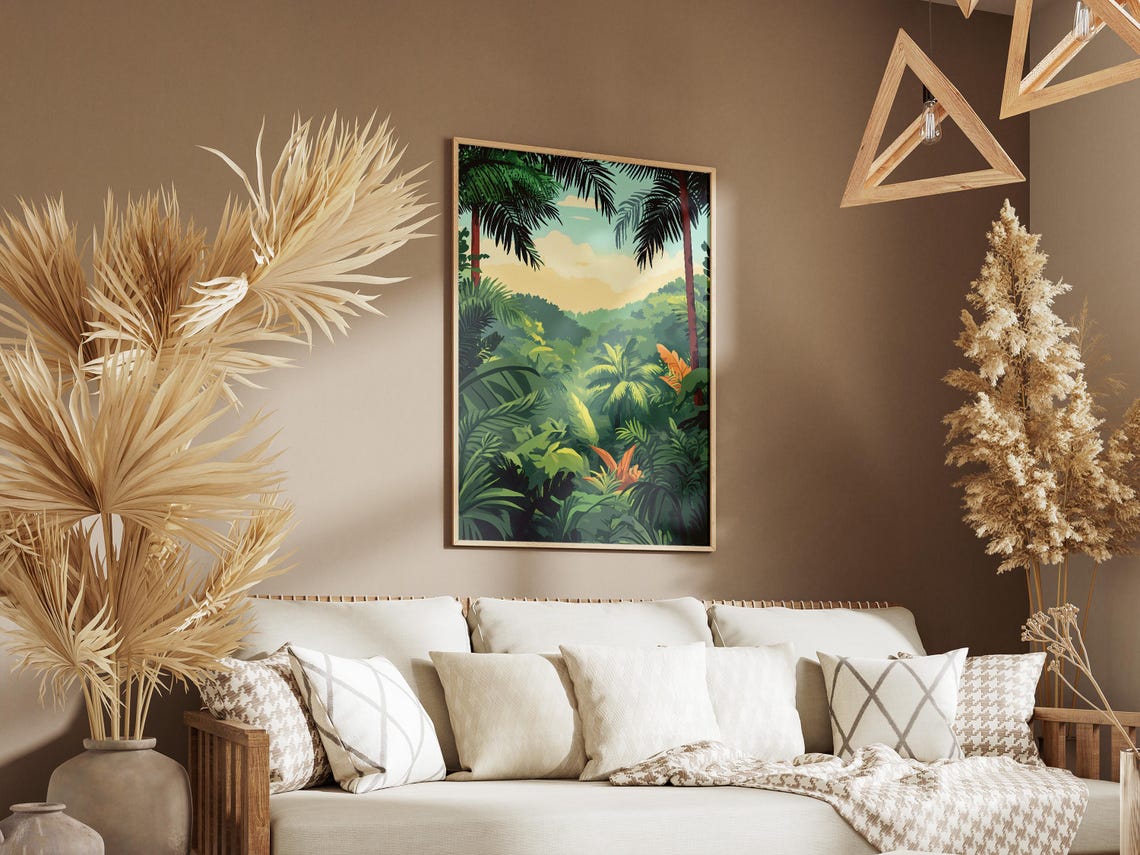 Lush Tropical Rainforest with Palm Trees Illustration Art Poster - Image 3
