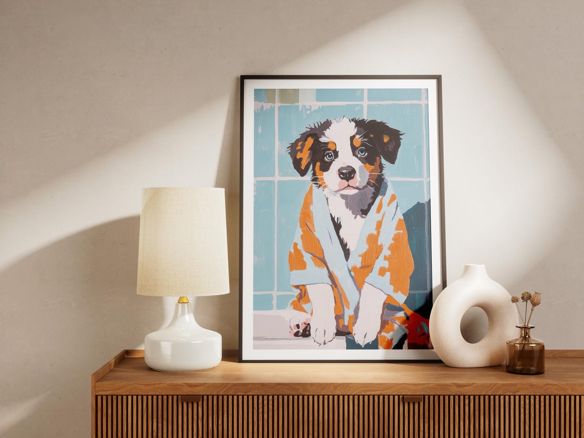 Australian Shepherd Puppy in Orange Bathrobe Cute Bath Poster - Image 4